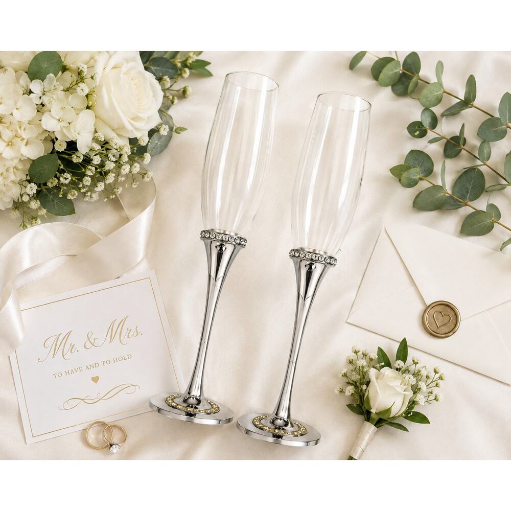 Studio His & Hers Toasting Glasses Pair Rhinestone Wedding Flutes 2010 Boxed